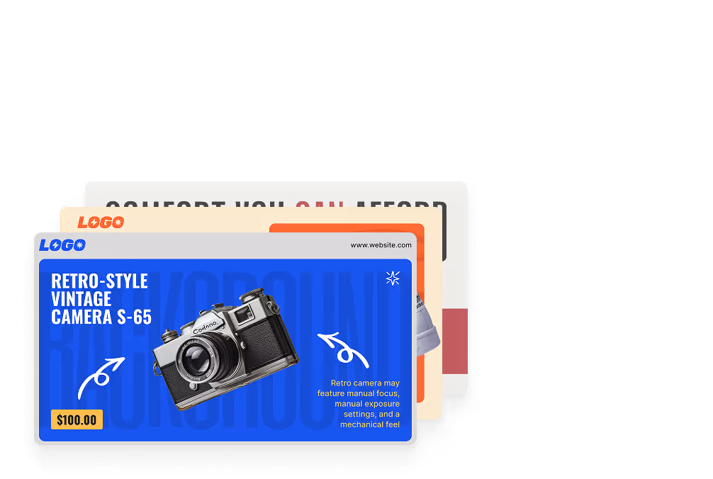Tarjeta publicitaria de una cámara vintage de estilo retro S-65, con un precio de $100 y enfoque manual.