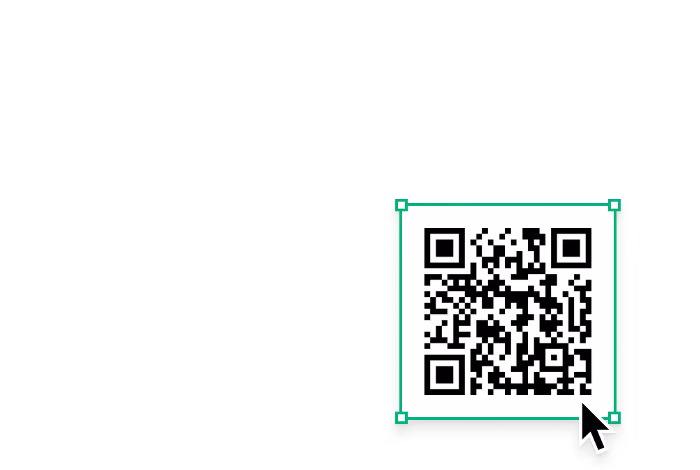 Código QR en blanco y negro con un puntero del ratón sobre fondo blanco.